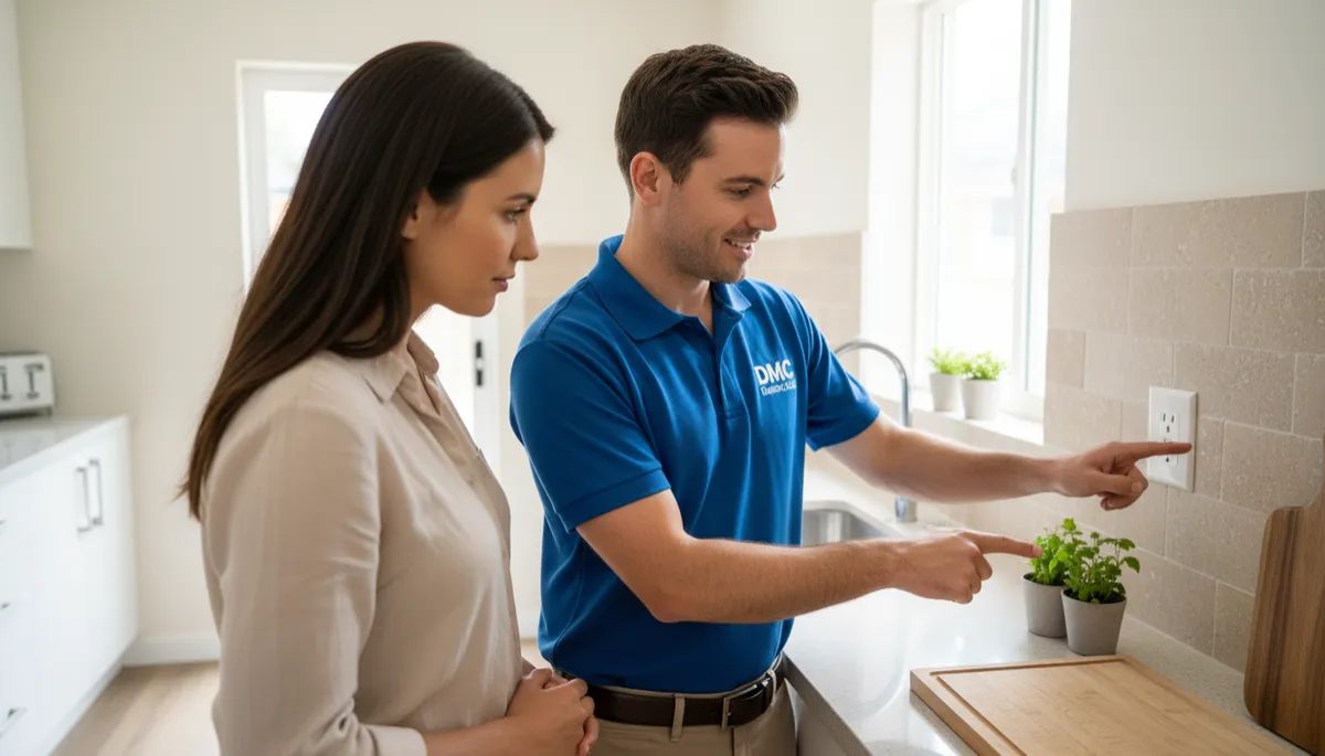 A photorealistic, high-quality image set in a modern Denver home interior. A professional electrician wearing a DMC Electric LLC uniform (logo visible on shirt) stands next to a homeowner. They are both focused on a GFCI (ground fault circuit interrupter) outlet located on a kitchen or bathroom wall. The electrician is pointing at the GFCI outlet, explaining its safety features, while the homeowner listens attentively. The scene is well-lit with natural light coming through a window, and the setting is clean and organized. The overall mood is informative and reassuring, emphasizing home electrical safety and professional consultation. A photorealistic, high-quality image set in a modern Denver home interior. A professional electrician wearing a DMC Electric LLC uniform (logo visible on shirt) stands next to a homeowner. They are both focused on a GFCI (ground fault circuit interrupter) outlet located on a kitchen or bathroom wall. The electrician is pointing at the GFCI outlet, explaining its safety features, while the homeowner listens attentively. The scene is well-lit with natural light coming through a window, and the setting is clean and organized. The overall mood is informative and reassuring, emphasizing home electrical safety and professional consultation.