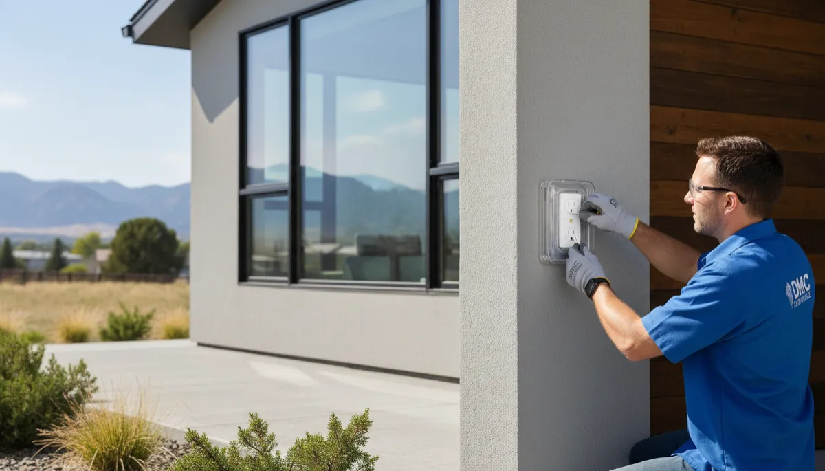 Create a photorealistic, high-resolution image of a professional electrician from DMC Electric LLC installing a certified American-style GFCI (Ground Fault Circuit Interrupter) outlet outdoors on the exterior wall of a modern Denver home. The electrician is dressed in a clean, branded DMC Electric LLC uniform with a visible embroidered logo and name badge, wearing safety gloves and clear protective eyewear. He is actively using a screwdriver to carefully install a white GFCI outlet at standard height above a finished concrete or brick patio surface. The outlet is covered by a single, clear, code-compliant waterproof Create a photorealistic, high-resolution image of a professional electrician from DMC Electric LLC installing a certified American-style GFCI (Ground Fault Circuit Interrupter) outlet outdoors on the exterior wall of a modern Denver home. The electrician is dressed in a clean, branded DMC Electric LLC uniform with a visible embroidered logo and name badge, wearing safety gloves and clear protective eyewear. He is actively using a screwdriver to carefully install a white GFCI outlet at standard height above a finished concrete or brick patio surface. The outlet is covered by a single, clear, code-compliant waterproof