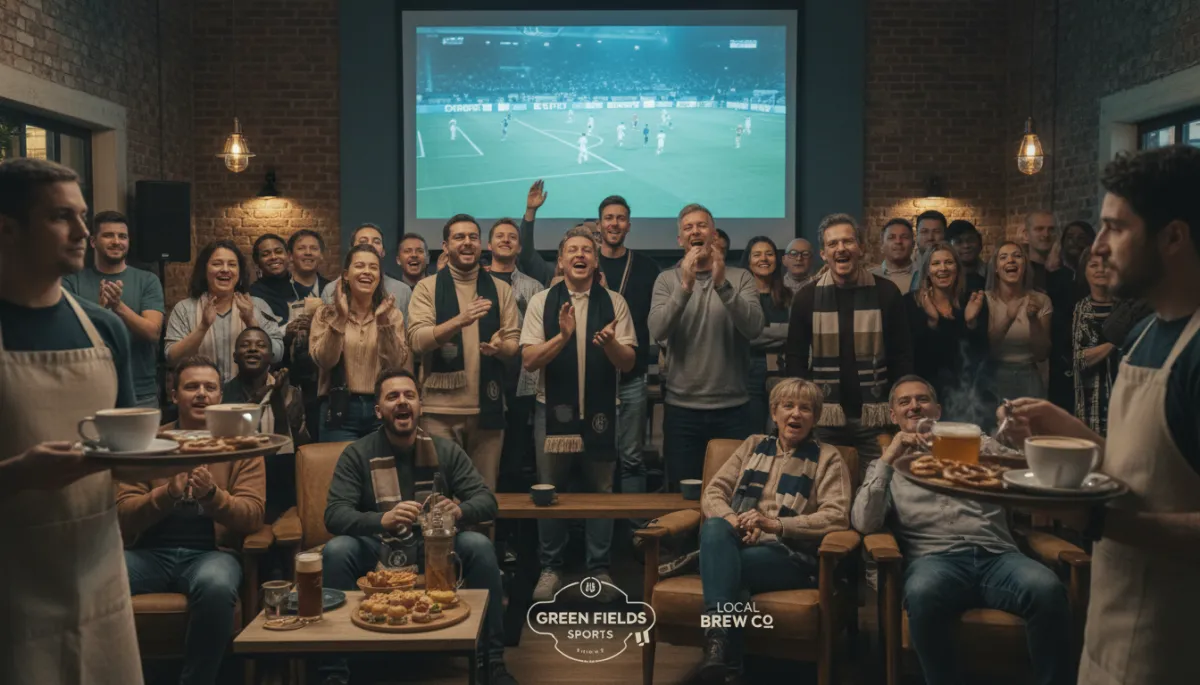 professional photorealistic neutral-toned scene of a local café hosting a community football viewing event, diverse group of fans watching a match on a big screen, small local sponsors' logos discreetly visible, staff serving drinks and snacks
