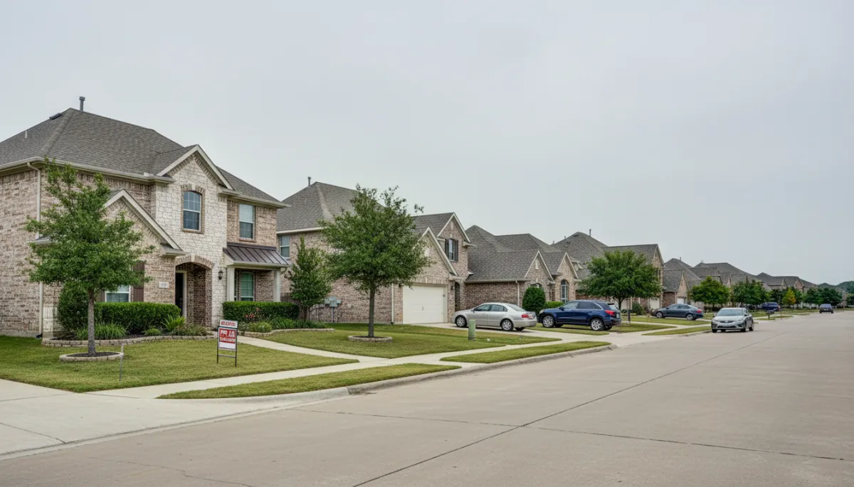 Street view of Parker County Texas homes with a for-sale sign Street view of Parker County Texas homes with a for-sale sign