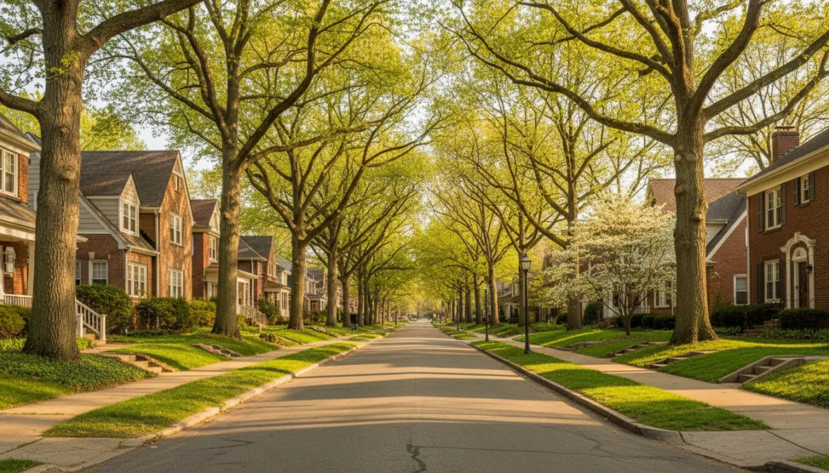 Tree-lined Greater Cincinnati neighborhood street with well-kept homes in spring