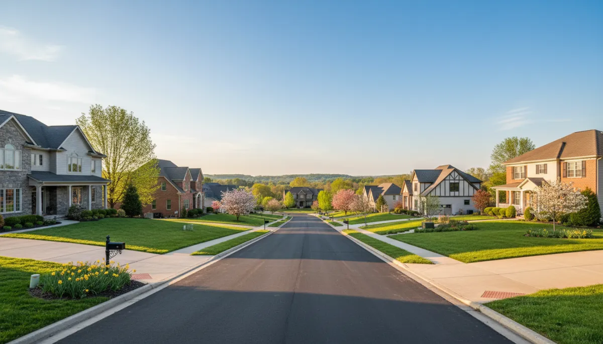 Northern Kentucky residential street with rolling hills and mix of newer and established homes