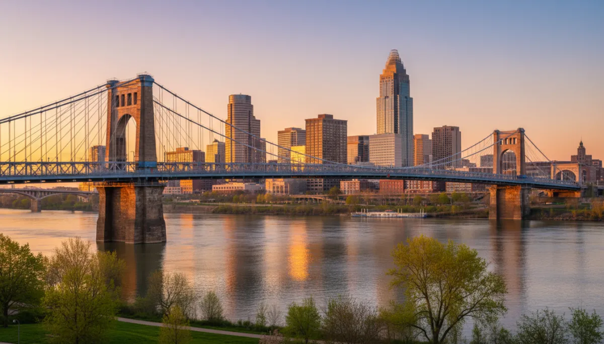 John A. Roebling Suspension Bridge spanning the Ohio River at golden hour, Cincinnati skyline glowing behind it — April 2026 Greater Cincinnati and Northern Kentucky real estate market update