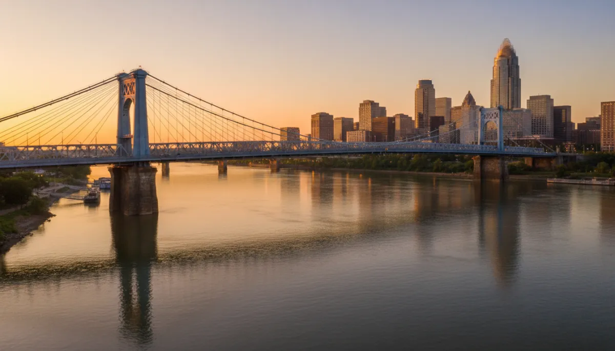 John A. Roebling Suspension Bridge and Cincinnati skyline at golden hour over the Ohio River.