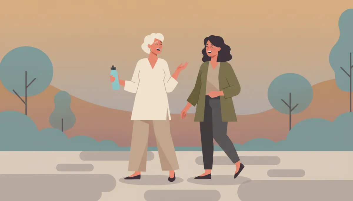 Two women in their fifties walking and talking about wellness Two women in their fifties walking and talking about wellness