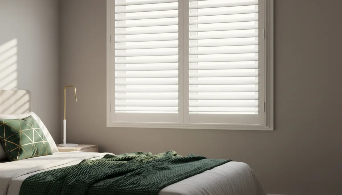 Bedroom with plantation shutters providing adjustable light and insulation