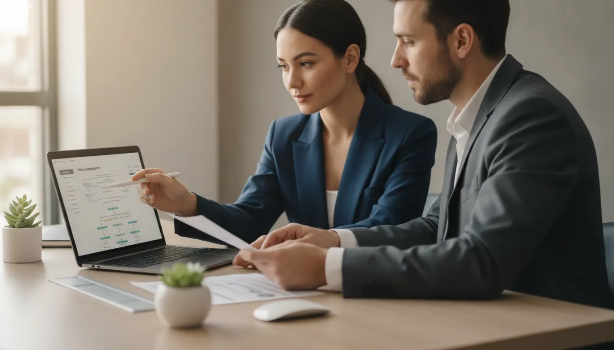 IT and compliance professionals reviewing an AI policy document and dashboard