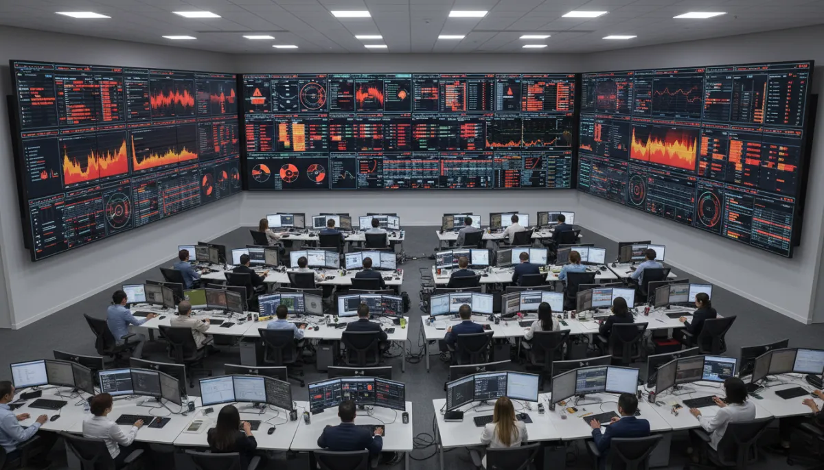 Analysts monitoring AI risk dashboards and alerts in an operations center