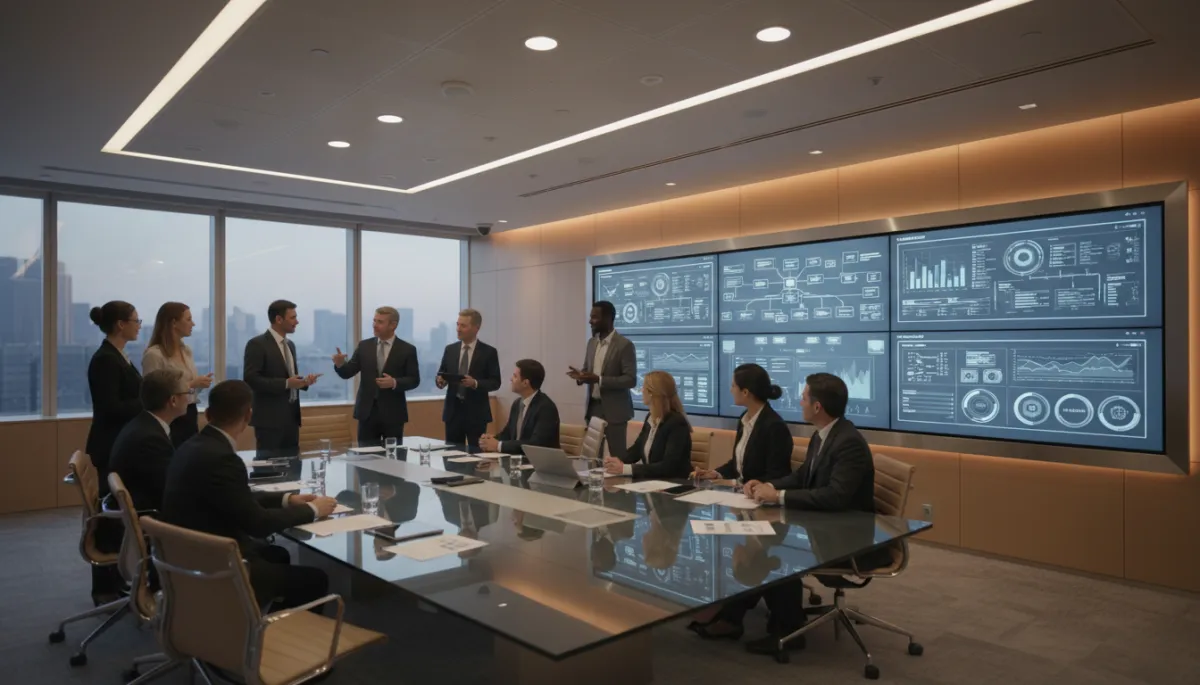 photorealistic neutral-toned corporate boardroom at dusk, diverse executives and IT leaders around a glass table reviewing AI governance dashboards on large wall-mounted screens, soft natural and ambient lighting, calm professional atmosphere