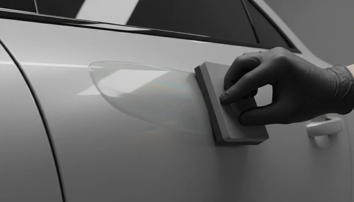 Detailer applying ceramic coating to a vehicle panel in a studio
