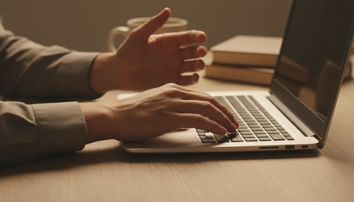 photorealistic warm neutral close-up of a person’s hands hovering over a laptop keyboard, one hand slightly pulled back in hesitation, soft golden lamplight, wooden desk in beige and brown tones photorealistic warm neutral close-up of a person’s hands hovering over a laptop keyboard, one hand slightly pulled back in hesitation, soft golden lamplight, wooden desk in beige and brown tones