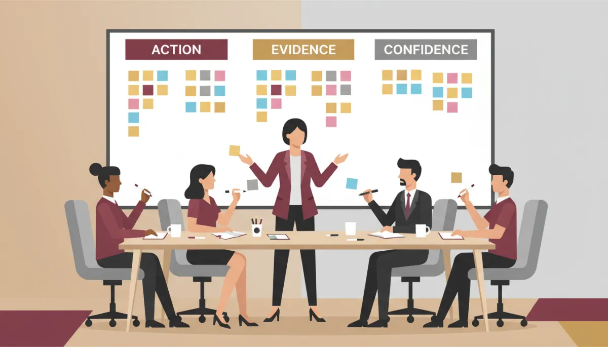 professional neutral-toned conference room with a consultant leading a small group workshop, participants writing concrete next actions on sticky notes arranged under headings 'Action', 'Evidence', 'Confidence', professional style, subtle burgundy and gold accents