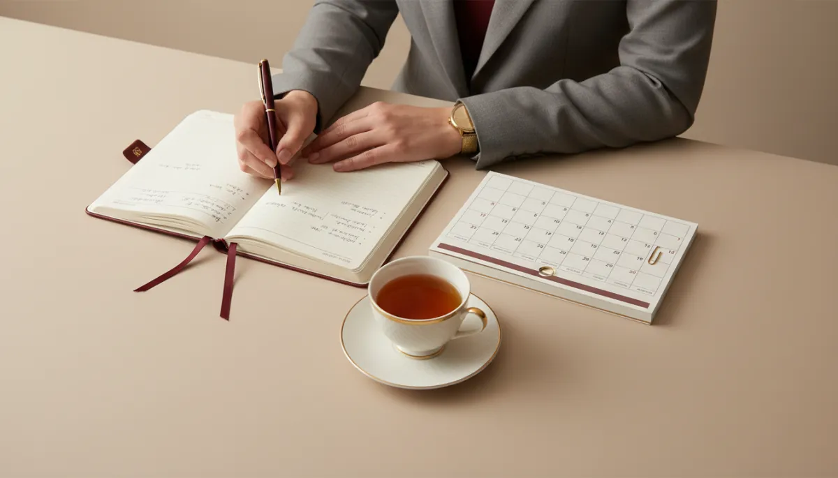 professional neutral-toned close-up of a person thoughtfully reviewing a journal and calendar side by side, with a pen, a cup of tea, and subtle burgundy and gold accents, suggesting alignment of plans and intentions