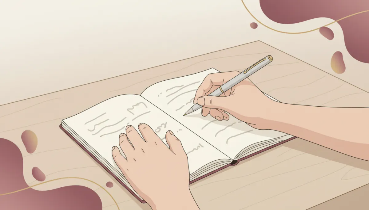Hands writing in a notebook, reflecting on personal stories and beliefs