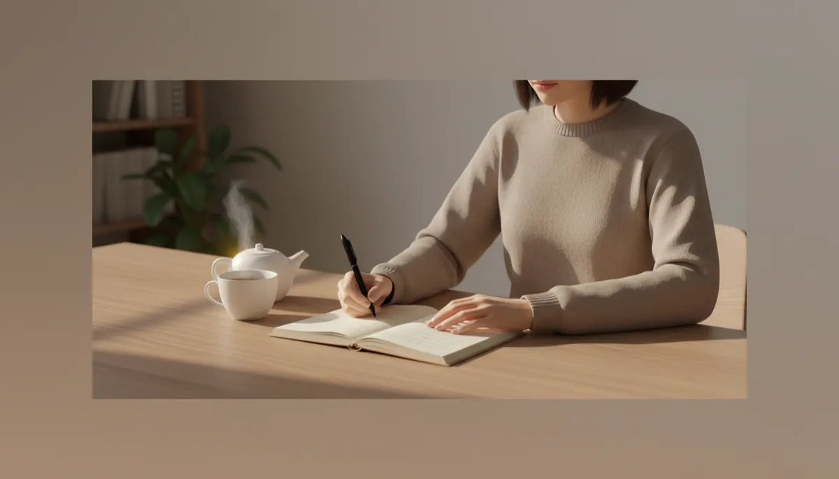 Person journaling at a calm desk, reflecting on personal growth Person journaling at a calm desk, reflecting on personal growth