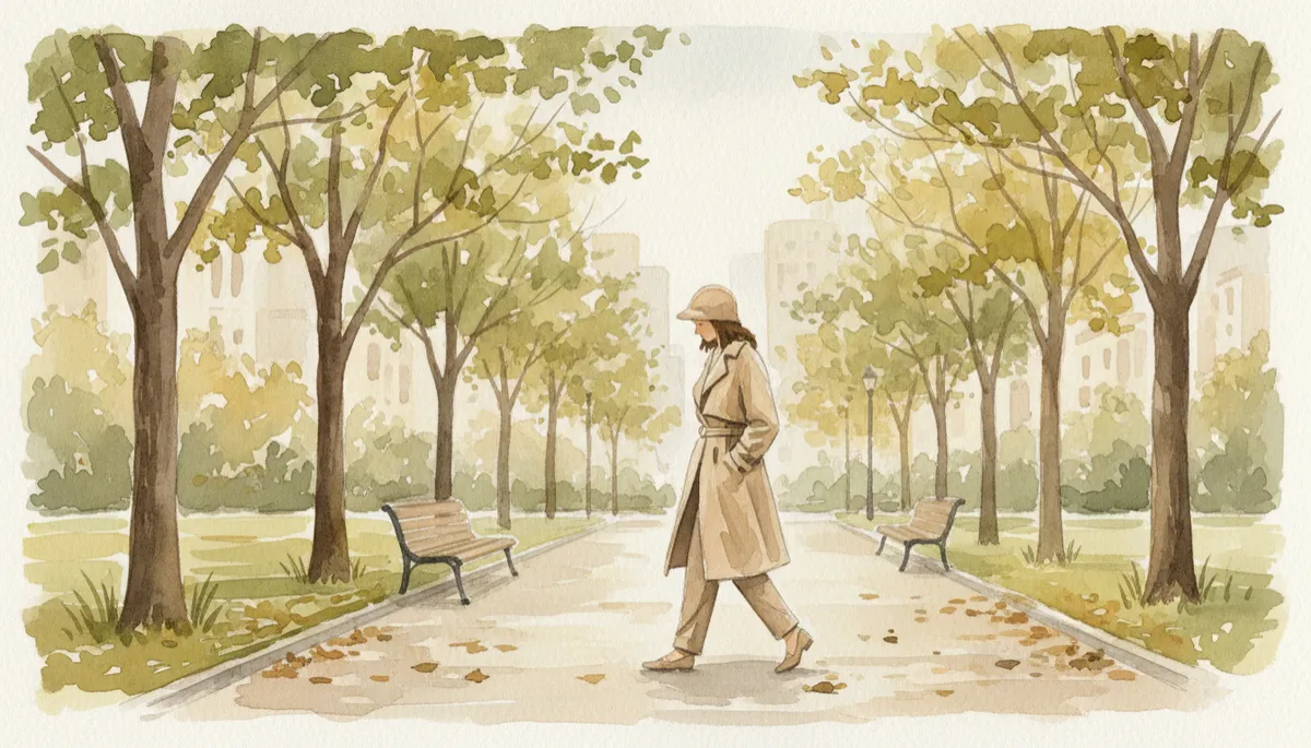 Person walking calmly through a neutral-toned city park during a lunch break