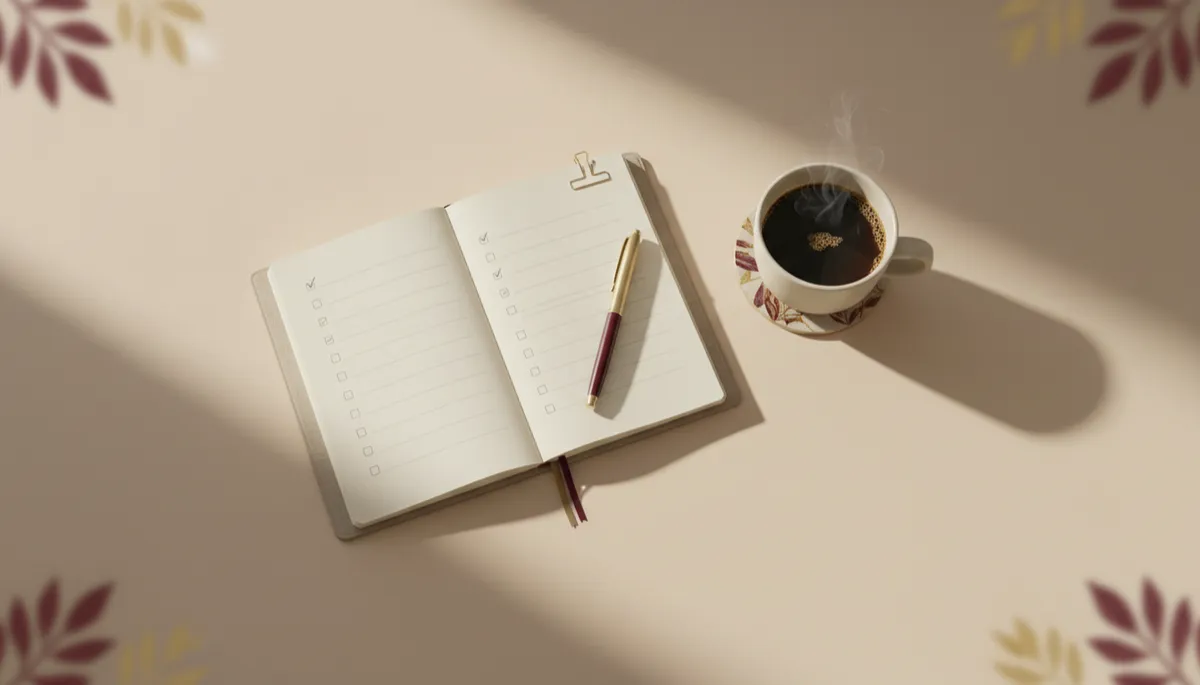Notebook with small completed tasks on a warm neutral desk