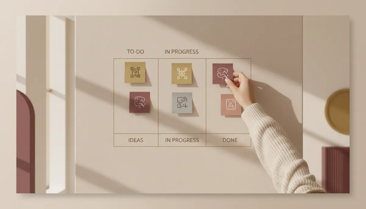 Person arranging experiment ideas on sticky notes in warm neutral tones