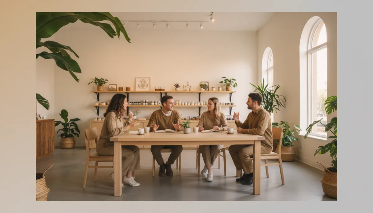 Small business team in relaxed discussion inside a warm, modern shop