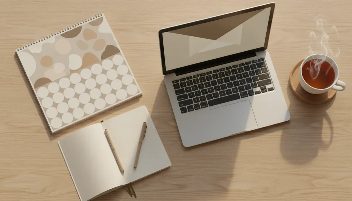 Warm-toned flatlay with calendar, notebook and laptop for planning