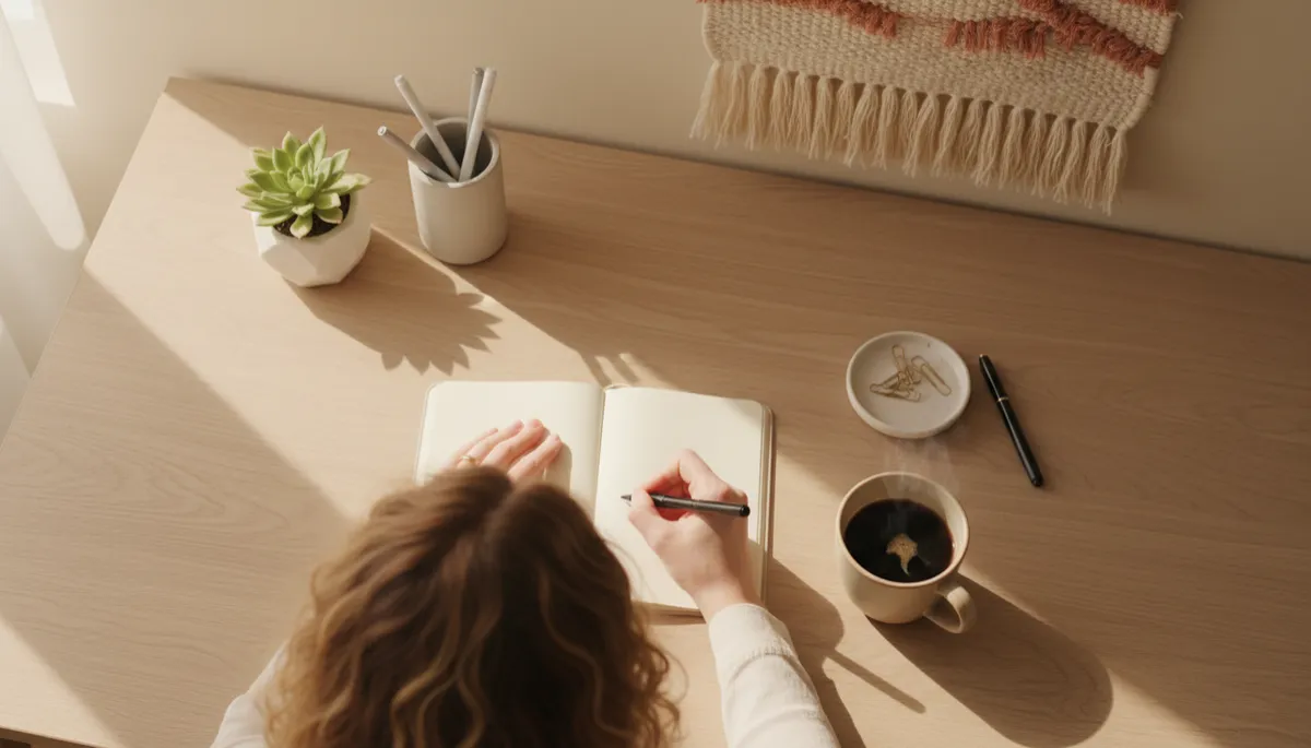 Business owner journalling at a calm, tidy desk
