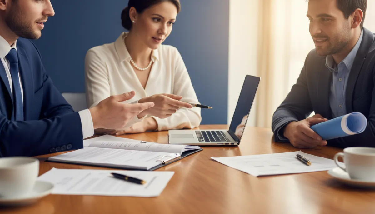 Lender, insurance agent, and homeowner discussing real estate insurance details