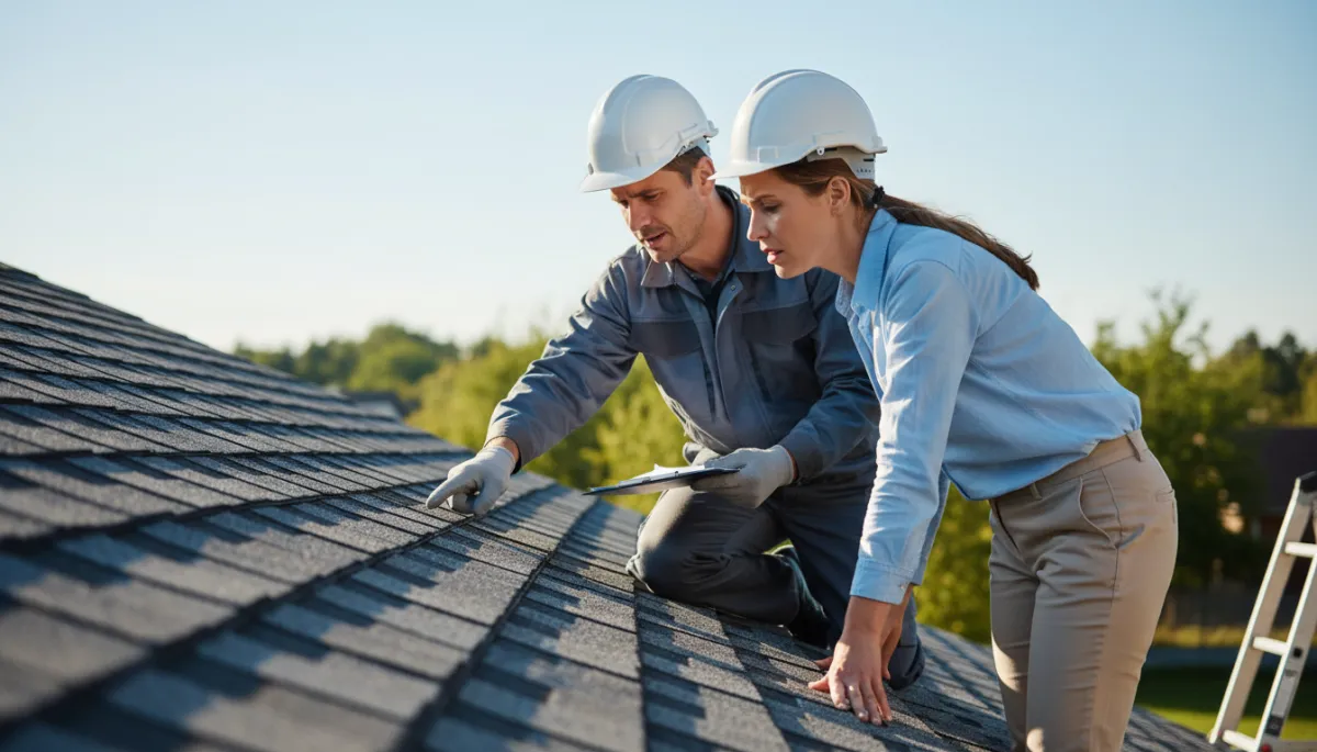 Photorealistic scene of a roof being visually inspected