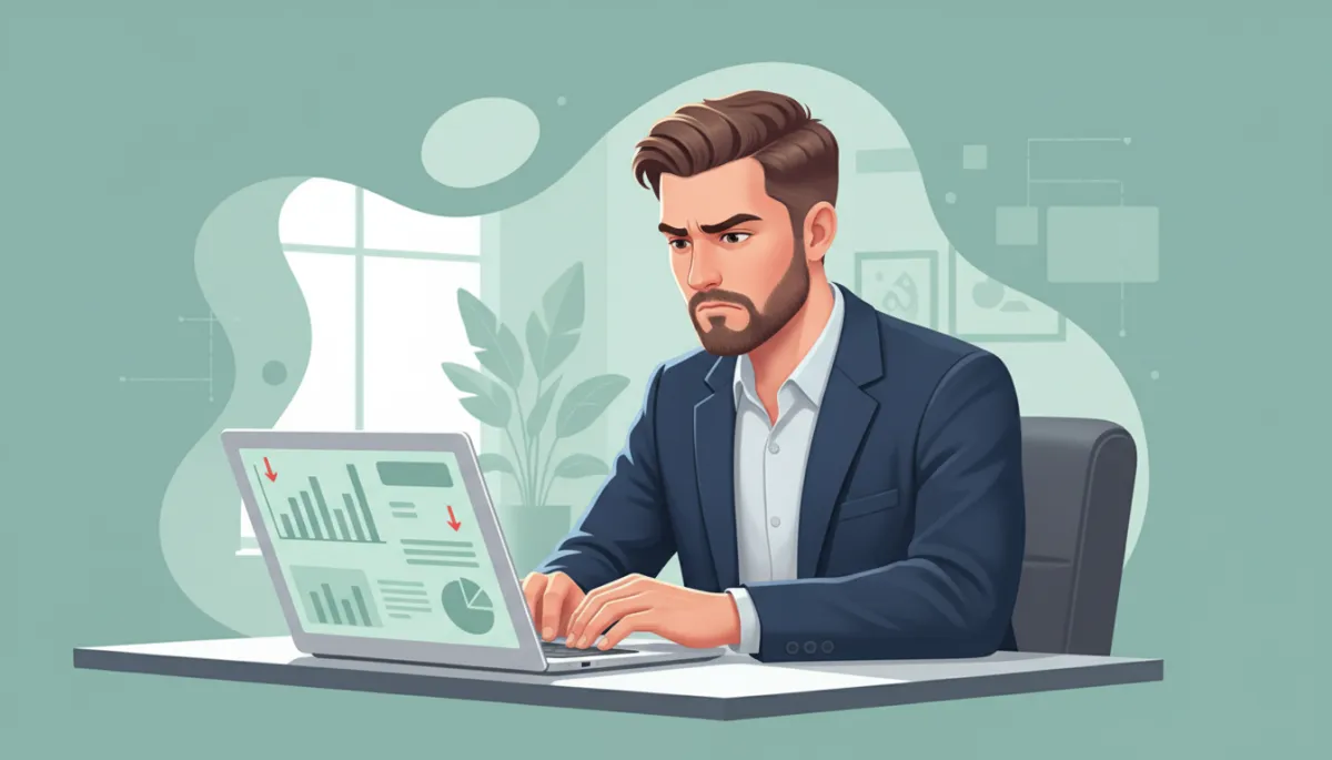 Young male business owner in his 30s looking at analytics on a laptop in a modern office, frustrated by low website conversions, soft seafoam green accents on screen and background Young male business owner in his 30s looking at analytics on a laptop in a modern office, frustrated by low website conversions, soft seafoam green accents on screen and background