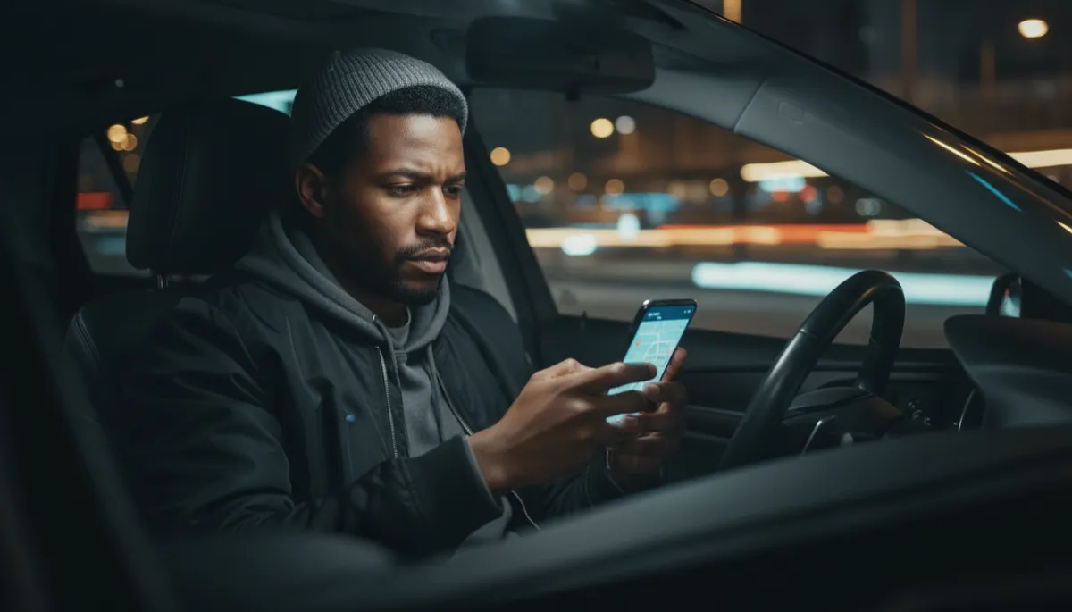 Gig driver in clean rental car checking delivery apps at night in Metro Detroit Gig driver in clean rental car checking delivery apps at night in Metro Detroit