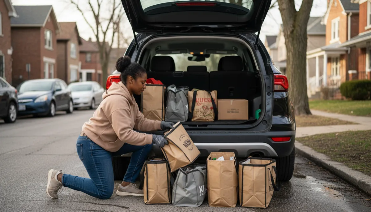 Gig driver organizing delivery bags in the back of a compact SUV Gig driver organizing delivery bags in the back of a compact SUV