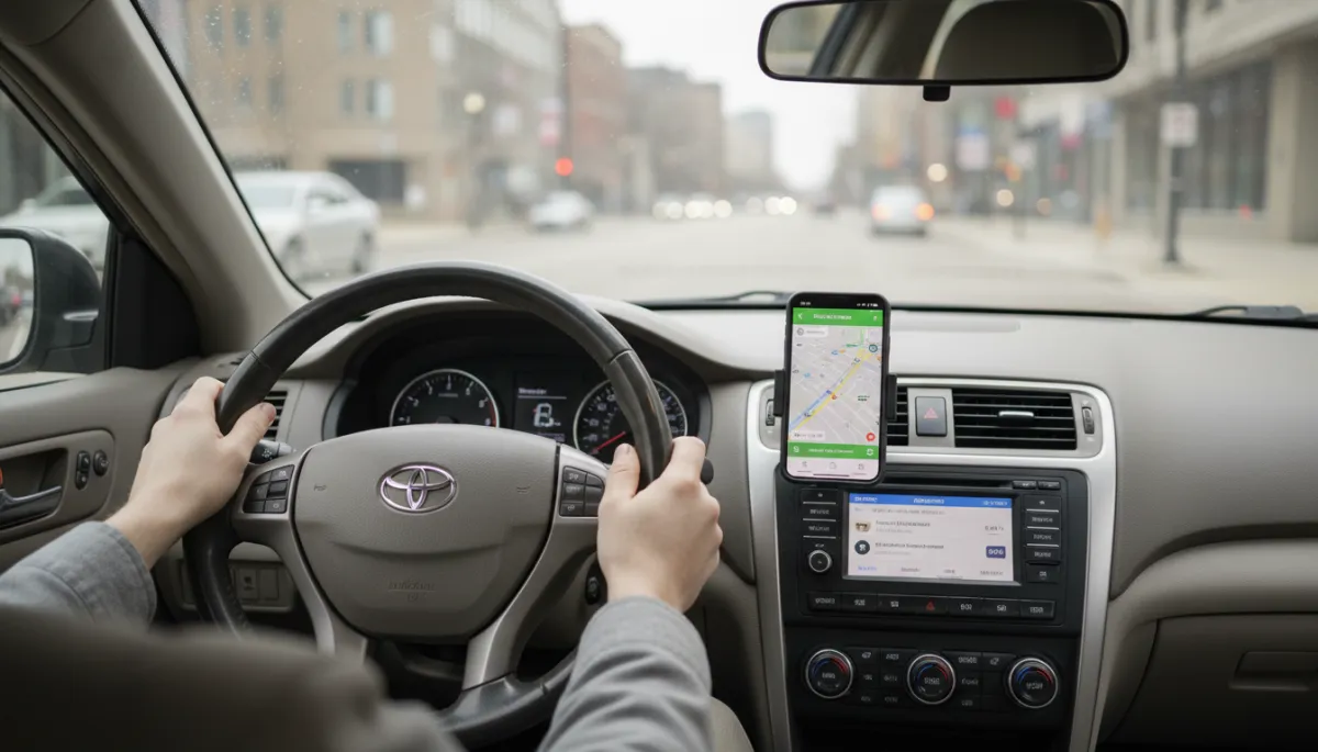 Interior view of a rental car used by a Michigan gig driver with rideshare apps running Interior view of a rental car used by a Michigan gig driver with rideshare apps running
