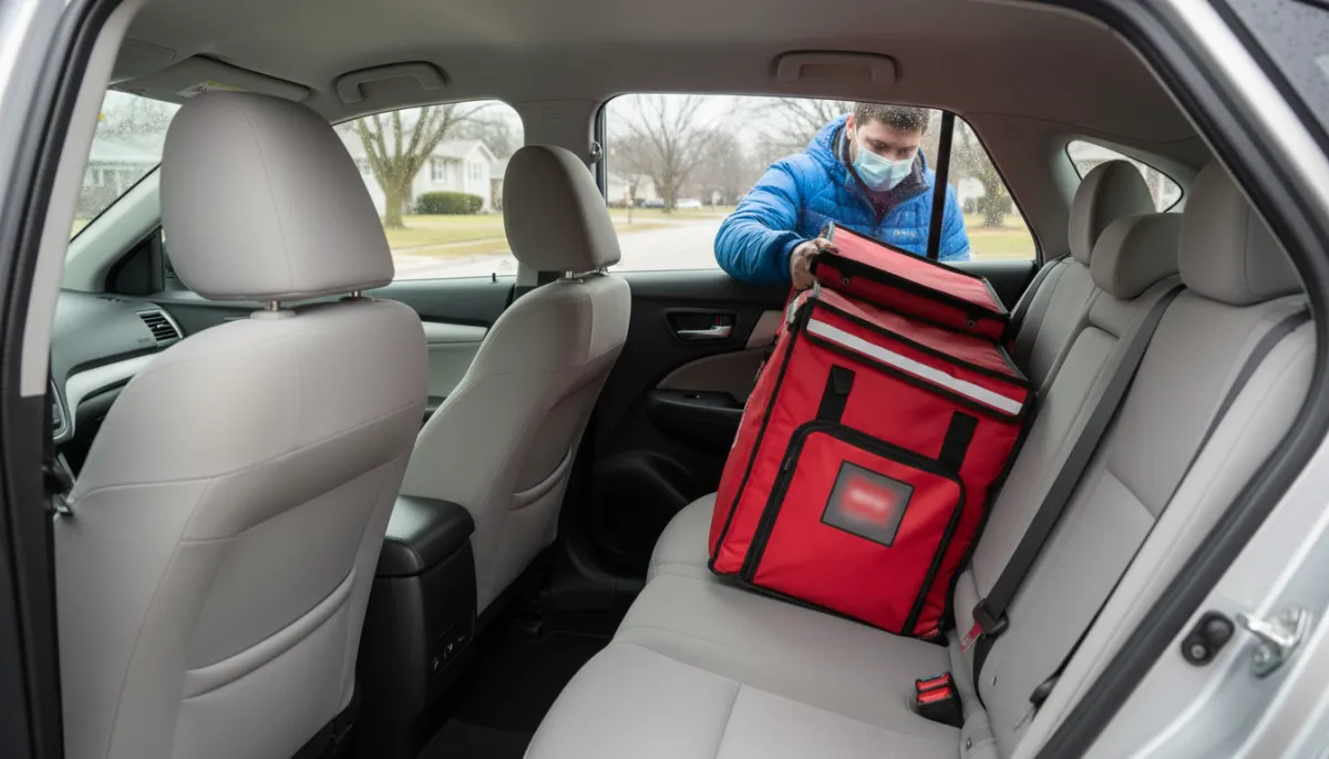 Photographic realistic interior of a rental car used by a delivery driver Photographic realistic interior of a rental car used by a delivery driver
