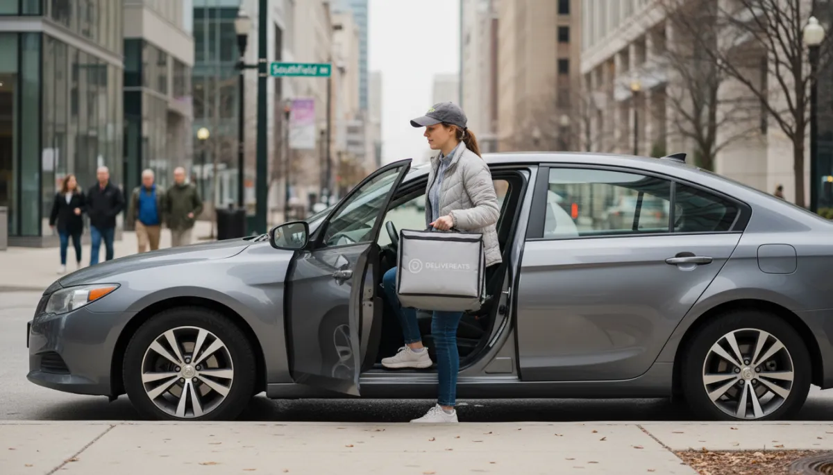Photographic realistic view of a gig driver using a rental car for deliveries Photographic realistic view of a gig driver using a rental car for deliveries