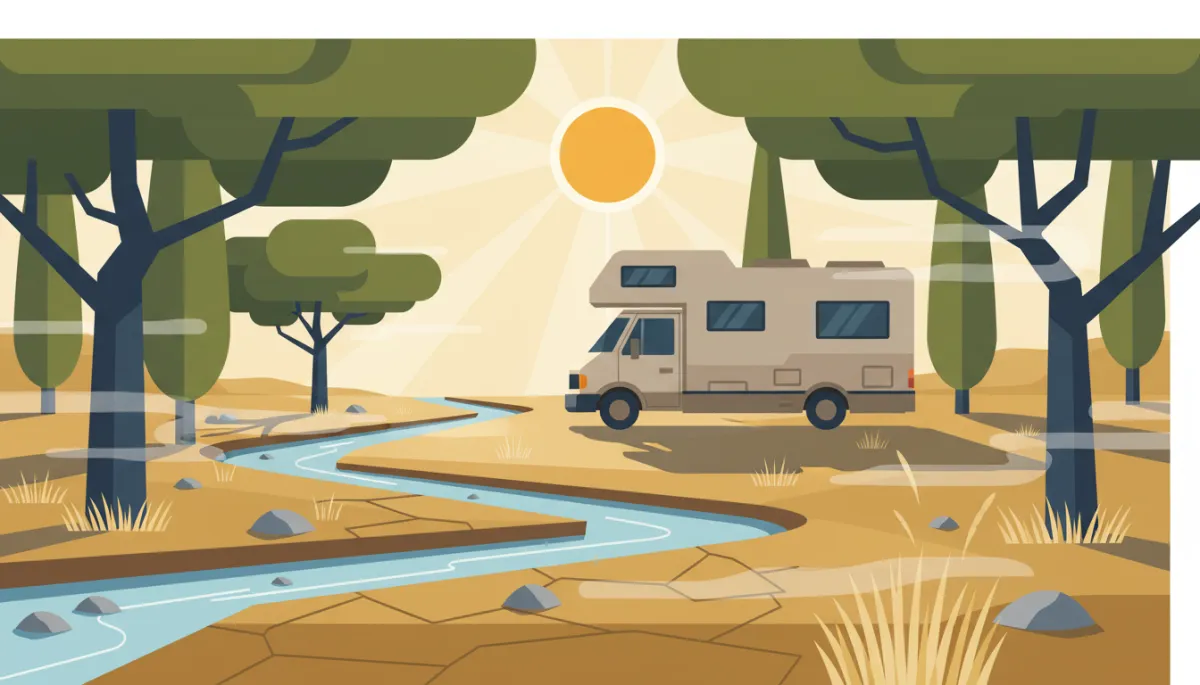 Van garé à l’ombre près d’une rivière française presque asséchée par la canicule Van garé à l’ombre près d’une rivière française presque asséchée par la canicule