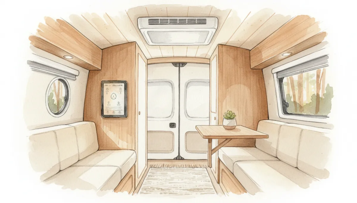Système de climatisation de toit moderne installé dans un van aménagé Système de climatisation de toit moderne installé dans un van aménagé