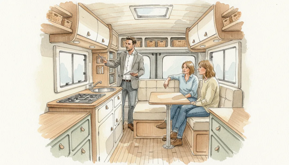 Intérieur de fourgon aménagé moderne présentant un aménagement modulable et convivial Intérieur de fourgon aménagé moderne présentant un aménagement modulable et convivial