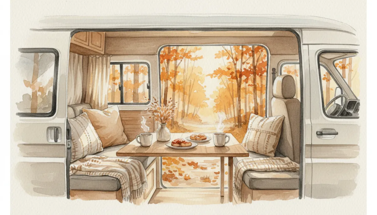 Intérieur confortable d'un fourgon aménagé avec vue sur une forêt d'automne Intérieur confortable d'un fourgon aménagé avec vue sur une forêt d'automne