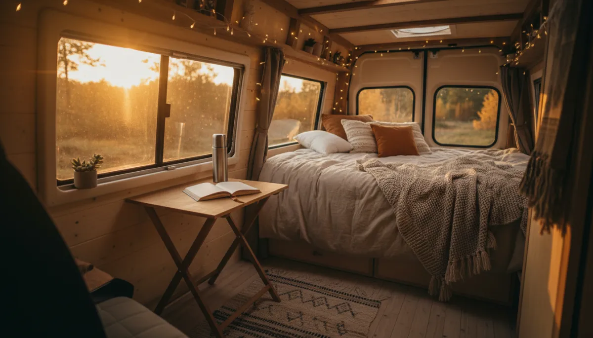 Intérieur d’un van cosy éclairé par des guirlandes lumineuses par une soirée d’automne Intérieur d’un van cosy éclairé par des guirlandes lumineuses par une soirée d’automne