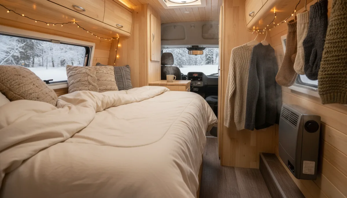 Intérieur chaleureux d’un van aménagé préparé pour une nuit d’hiver Intérieur chaleureux d’un van aménagé préparé pour une nuit d’hiver