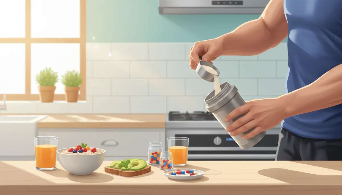 A close-up of an athlete's hands preparing workout supplements and vitamins alongside a balanced breakfast, with a bright, inviting kitchen background. A close-up of an athlete's hands preparing workout supplements and vitamins alongside a balanced breakfast, with a bright, inviting kitchen background.