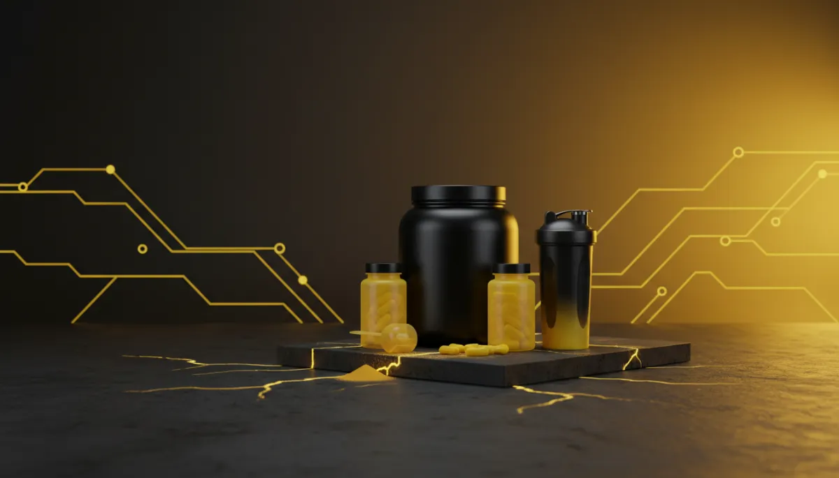 Professional neutral display of core recovery supplements on a gym bench Professional neutral display of core recovery supplements on a gym bench