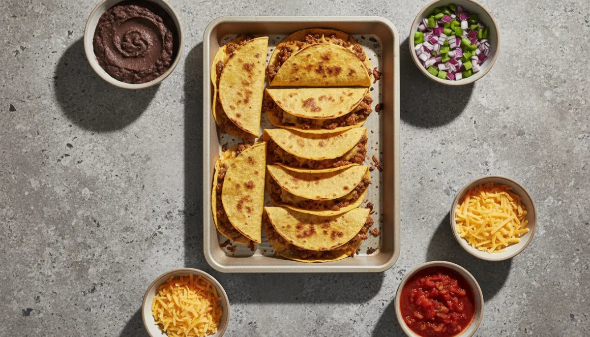 Sheet pan baked tacos surrounded by bowls of customizable toppings