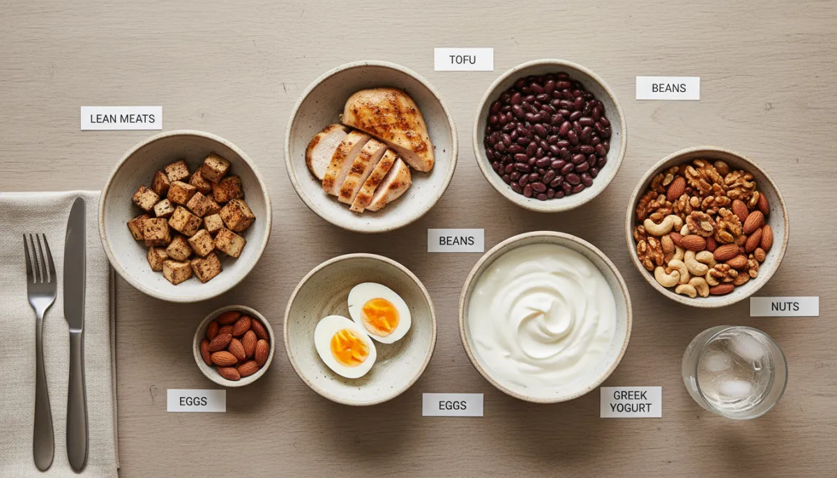 Professional overhead view of varied protein sources arranged on a neutral-toned table