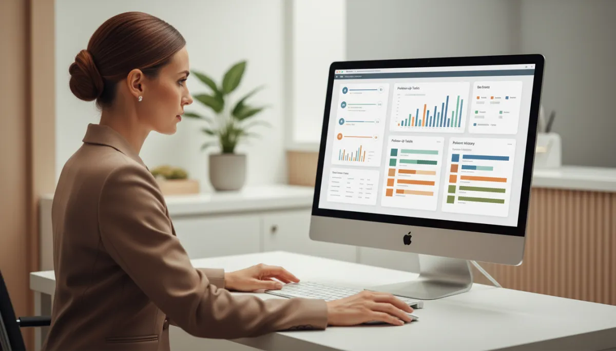 Receptionist using CRM software to manage patient follow-ups in a clinic