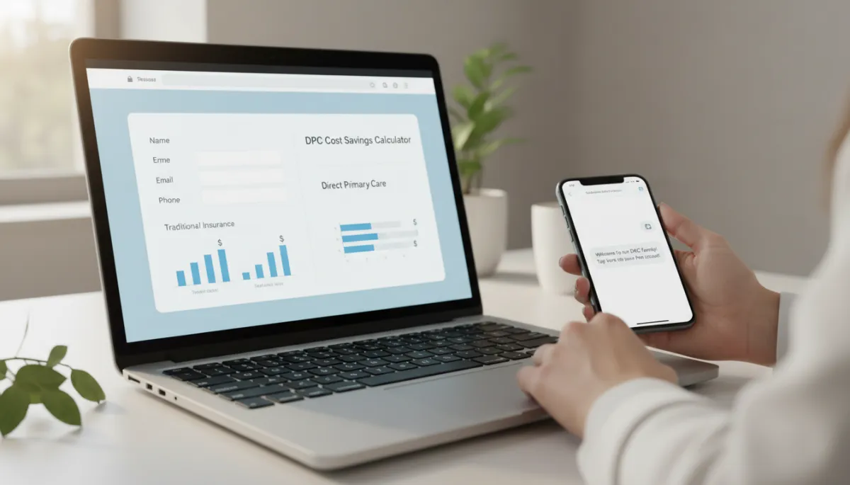 Lead capture form and DPC cost comparison calculator displayed on a laptop