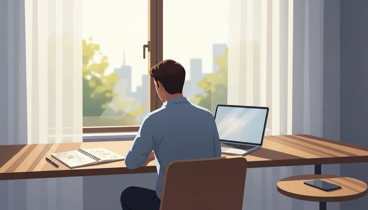 Focused person working at a minimalist desk near a window, notebook and laptop open, soft morning light, phone placed face down out of reach