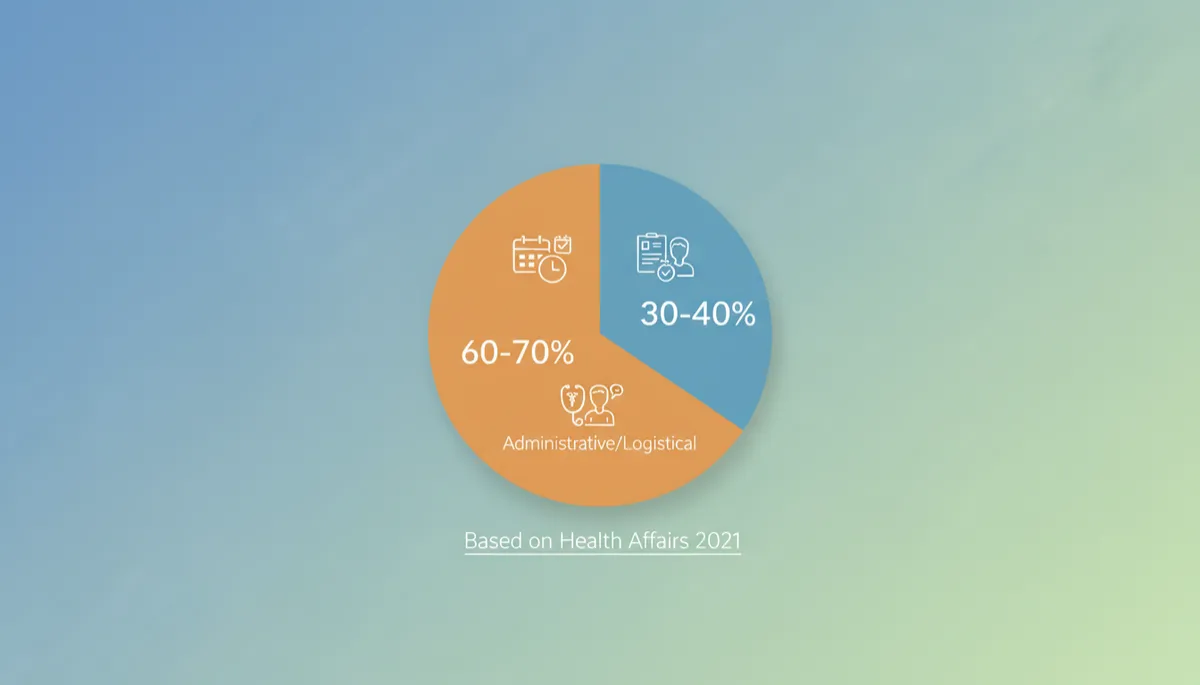 A pie chart showing the distribution of inbound patient messages to primary care practices: 60–70% administrative/logistical vs. 30–40% clinical, based on Health Affairs 2021. A pie chart showing the distribution of inbound patient messages to primary care practices: 60–70% administrative/logistical vs. 30–40% clinical, based on Health Affairs 2021.