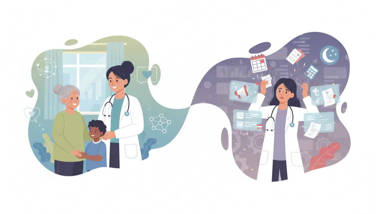 An infographic illustrating the dual life of a Direct Primary Care (DPC) physician: on one side, clinical care and patient relationships; on the other, administrative and business burdens such as scheduling, billing, marketing, and after-hours calls. An infographic illustrating the dual life of a Direct Primary Care (DPC) physician: on one side, clinical care and patient relationships; on the other, administrative and business burdens such as scheduling, billing, marketing, and after-hours calls.