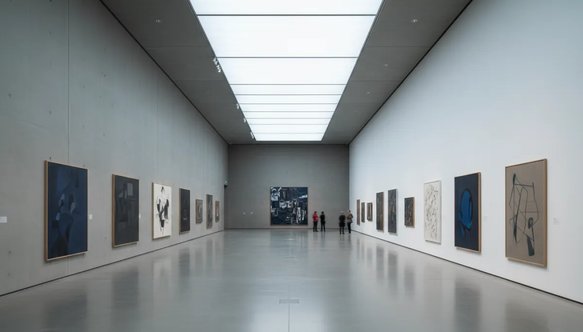 Minimalistische Galerie mit zeitgenössischen Arbeiten und ruhiger Besuchergruppe