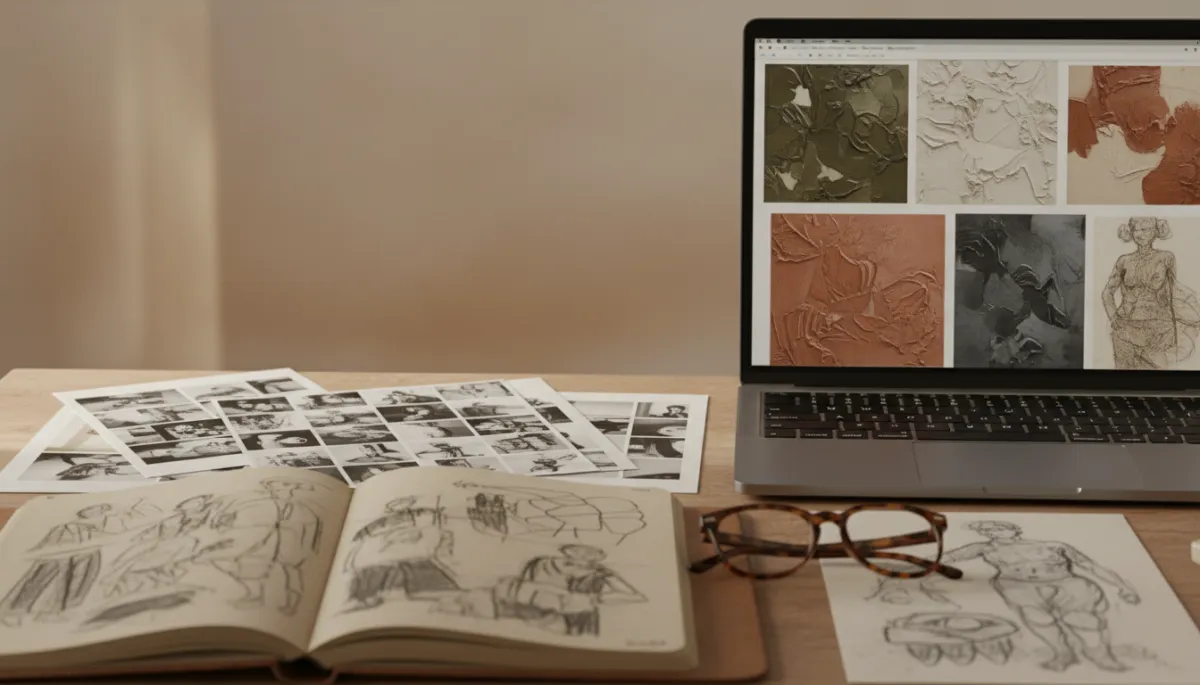 photorealistic, warm neutral tones, muted earthy palette, detailansicht eines Schreibtisches im Atelier, Laptop mit geöffnetem Künstler-Portfolio, daneben Kontaktabzüge, Notizbuch mit handschriftlichen Skizzen, eine Brille, weiches Seitenlicht, ruhige konzentrierte Stimmung